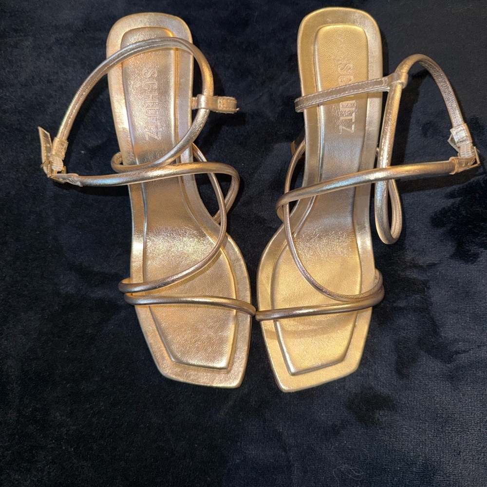 SCHUTZ Metallic Gold Strappy Square-Toe Heels